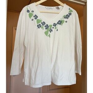 drapers and damons Women’s Top XL Embroidered Floral Neckline Purple Green